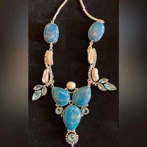 Silver Free Form Pearl & Blue Topaz & Blue Unknown Stone 925 Necklace Stunning